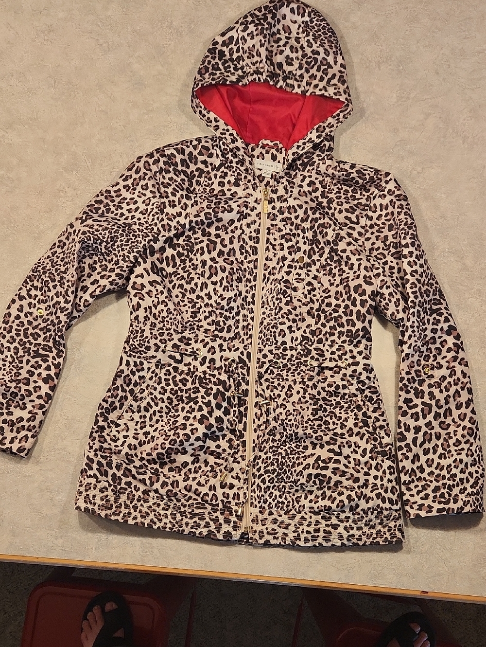 Susan Graver Leopard Print Hooded Raincoat with Red Lining